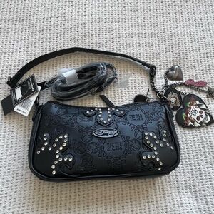 New Ed Hardy Black baguette crossbody bag with charms